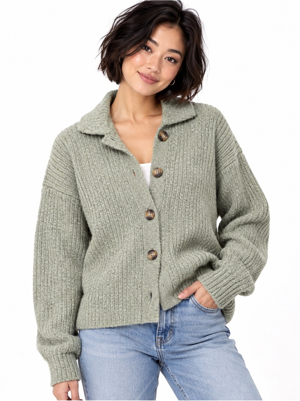 American Eagle Outfitters Sage Green Ribbed Button Front Cardigan XS Oversized